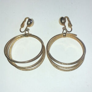 Vintage Gold Tone Round Circle Hoop Dangling Clip On Earrings
